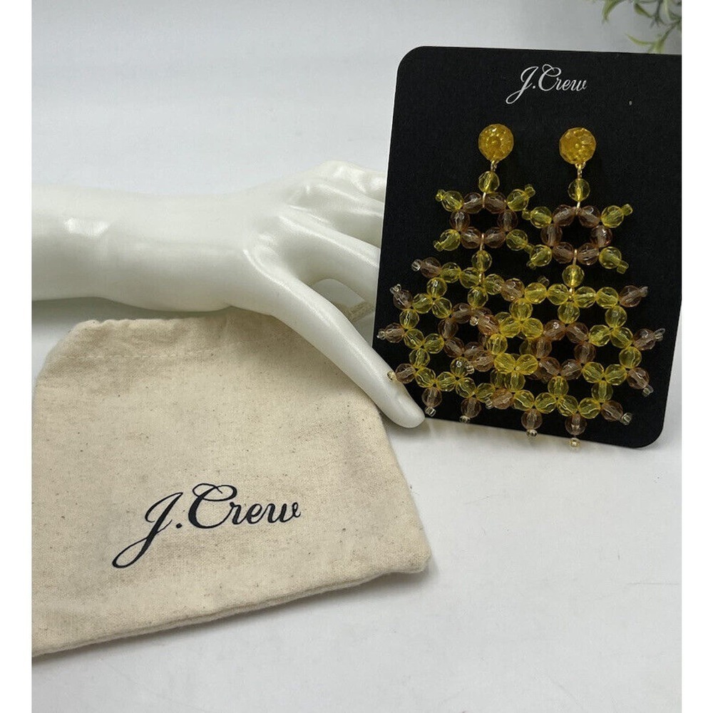 J. Crew Golden Sun‎ Yellow Beaded Long Gold Tone Statement Earrings New